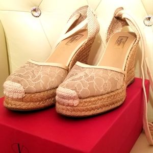 Valentino Beige Lace Fabric Espadrille Wedge Sandals Size 41